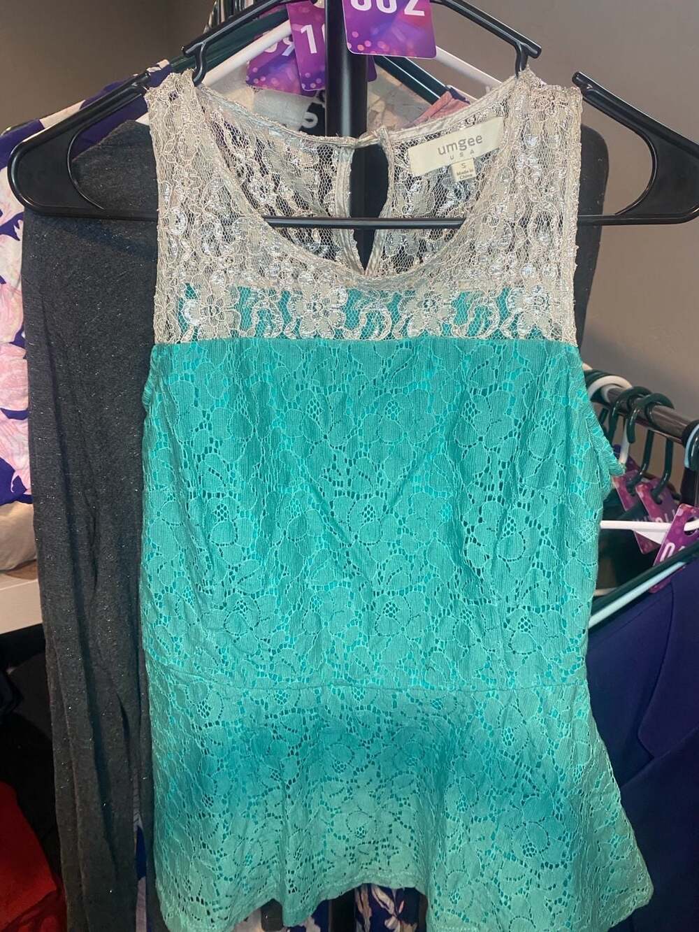 Umgee USA Teal and Silver Lace Sleeveless Peplum Top Size S